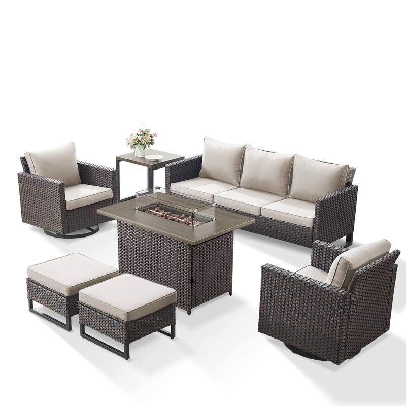 Outdoor Sofa Swivel Chairs Ottomans and Fire Pit Table