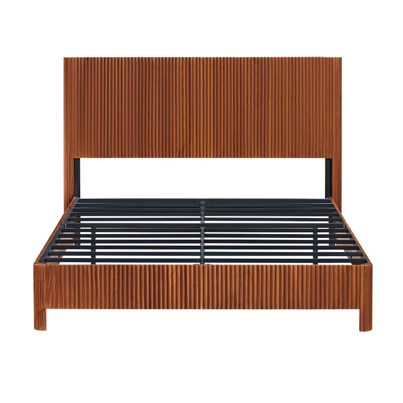 Farmhouse Style Platform Bed Frame, Wooden Corrugated Lines Bed Frame with Headboard, Rounded Safety Corners, Noise-Free Design