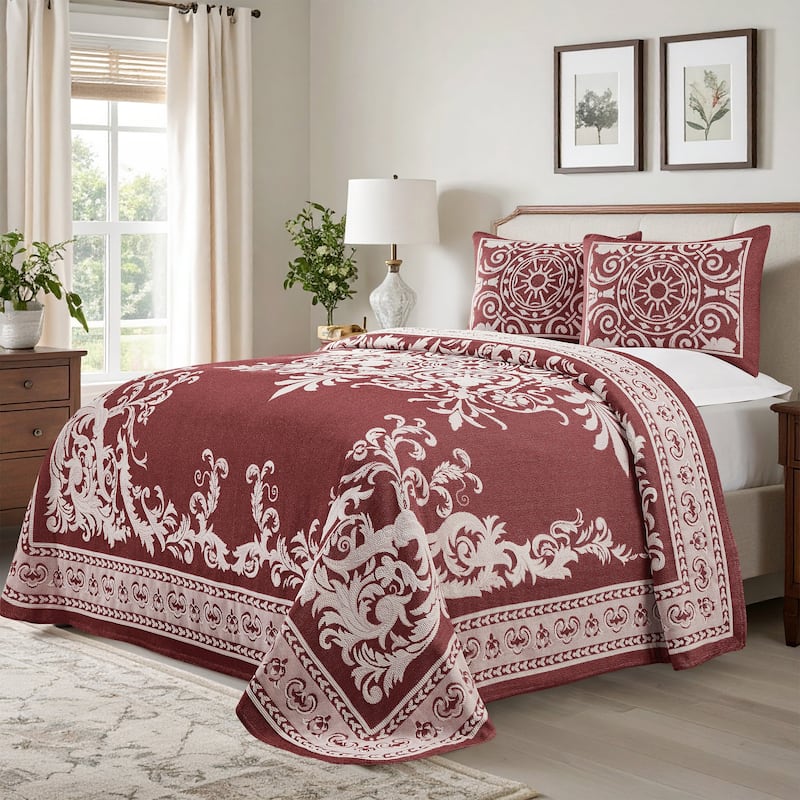 Oversized Cotton Blend Jacquard Medallion Bedspread Set Quilt All-Season Coverlet with Matching Pillow Shams - Berry Red - Full
