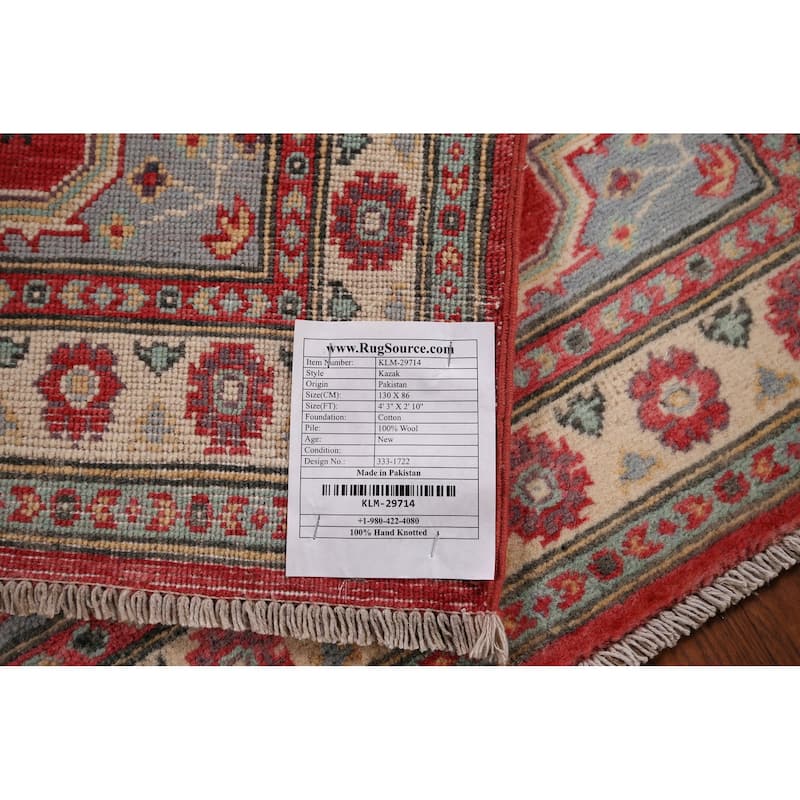 Geometric Red Kazak Accent Rug Hand-Knotted Foyer Wool Carpet - 2'10" x 4'3"