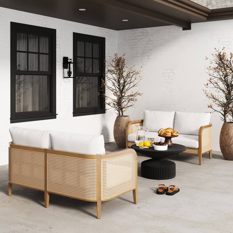 Twila Bohemian Outdoor Upholstered Rattan Patio Seating with Solid Wood Frame