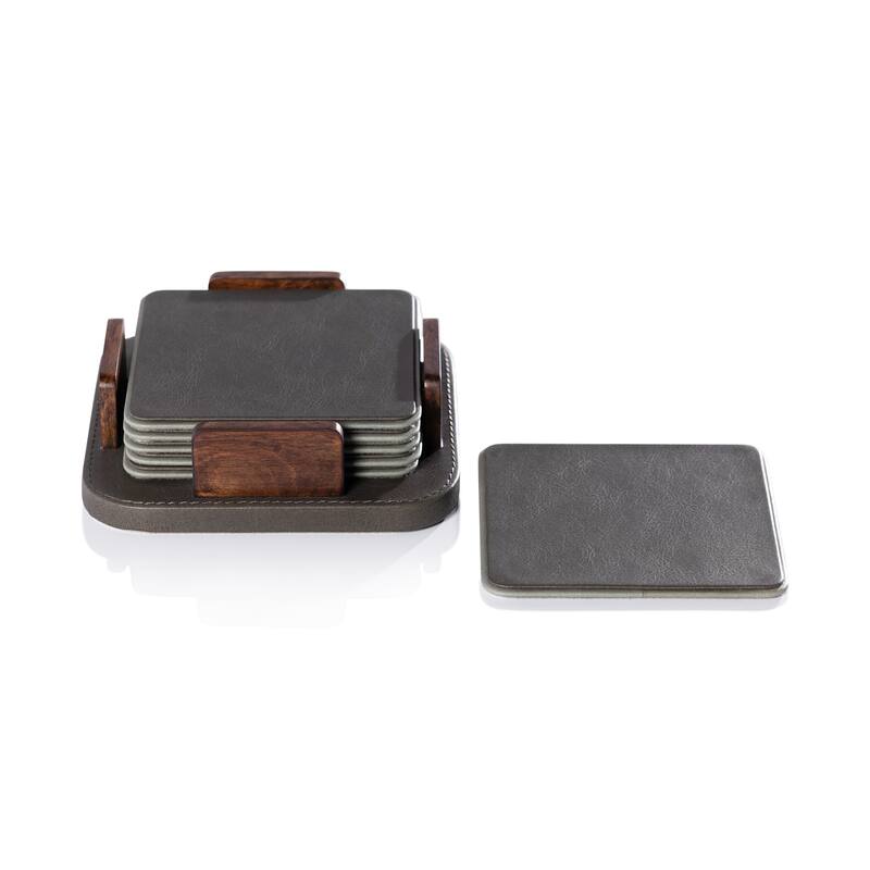 Sotto 6-Piece Leather Coaster Set with Holder - Cedar Green