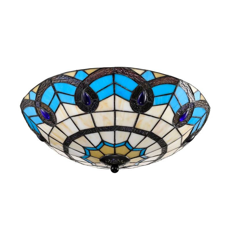 Thora Ivory and Azure Flushmount Ceiling Lamp Tiffany Style Glass Shade - Ivory-Blue