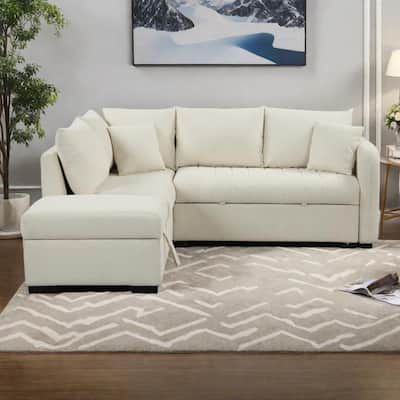 82.6" Polyester L-Shape Sectional Pull-Out Sofa Bed with Storage Ottoman, USB Ports and Power Sockets