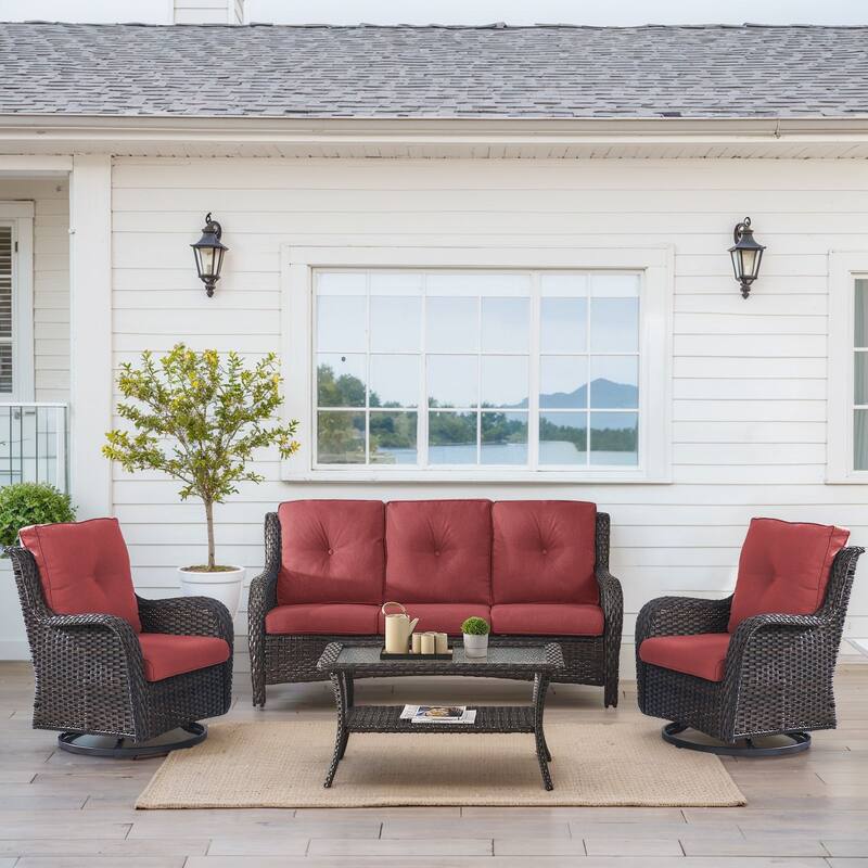 Outdoor Swivel Chairs with Sofa Coffee Table - Brown - Red