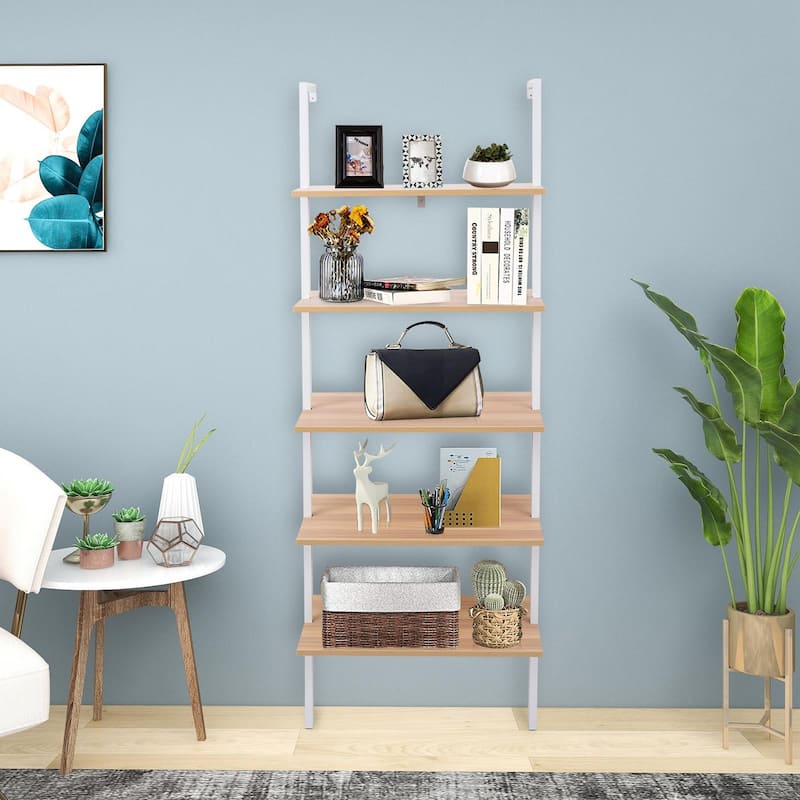 5-Shelf Wood Ladder Bookcase with Metal Frame Wall Mount Book Shelf