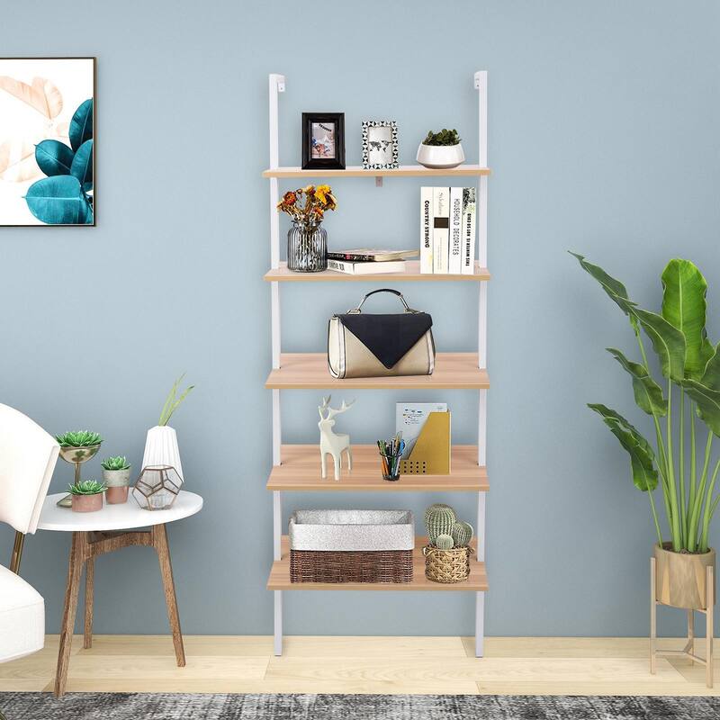 5-Tier Wood Ladder Bookcase with Metal Frame,Walnut