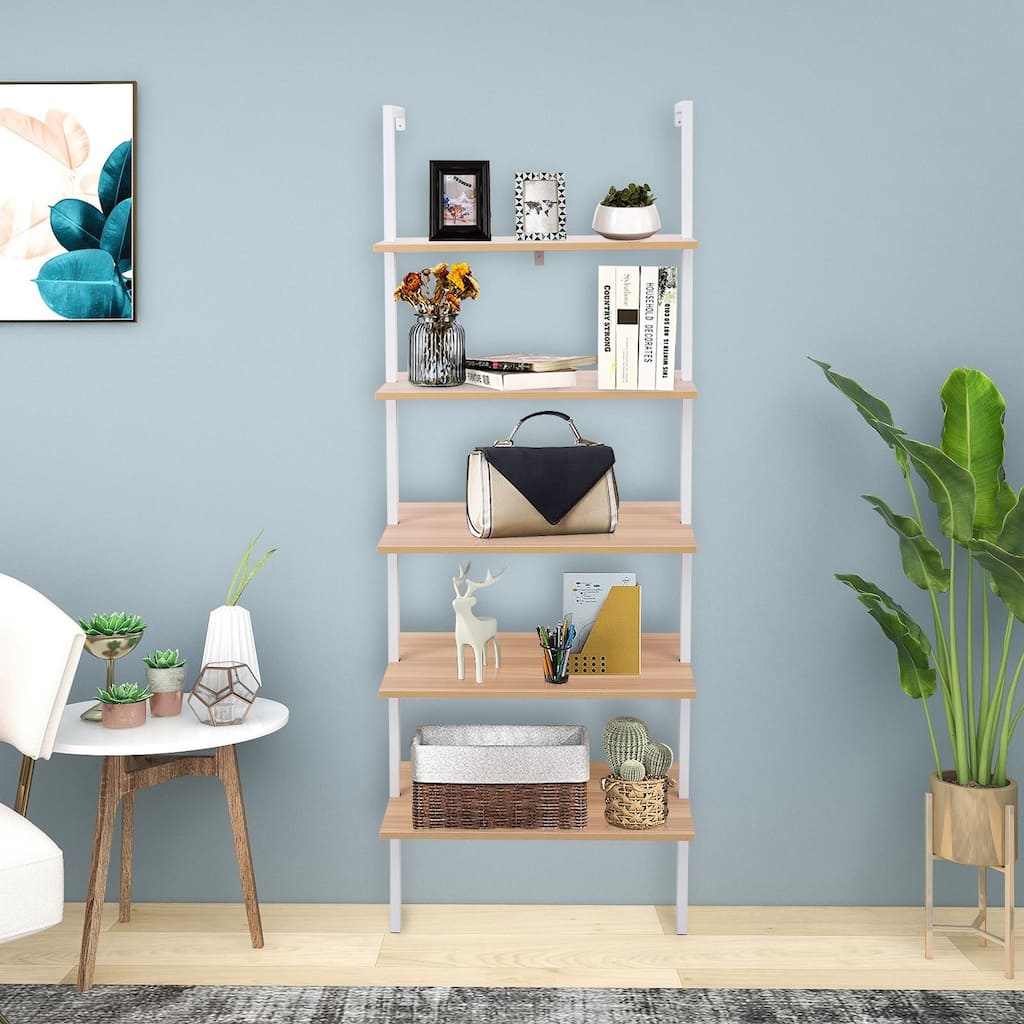 5-Tier Wood Ladder Bookcase with Metal Frame,Walnut