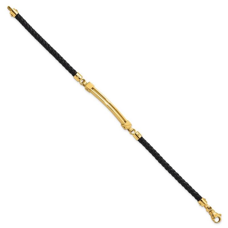 Curata 14k Yellow Gold 8" Polished Bar Leather Gold Bracelet