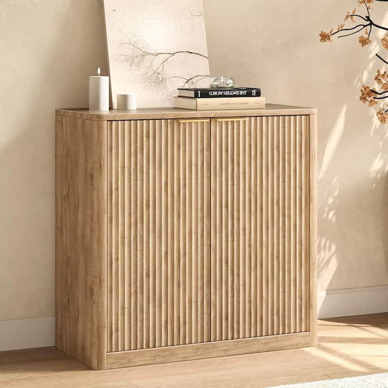 31.5" Buffet Cabinet with Storage, Fluted Sideboard with Adjustable Shelves for Living Room, Dining Room, Kitchen - Oak