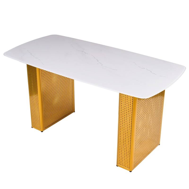 Modern Marble-Patterned Tempered Glass Dining Table, Rectangular Kitchen Table with Dual-Pedestal Metal Base
