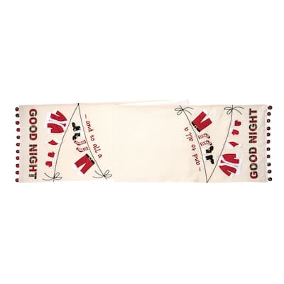 "And to All a Good Night" Sentiment Santa Clothes on Clothesline Red Pom Poms 12" X 72" Cotton Embroidered Table Runner