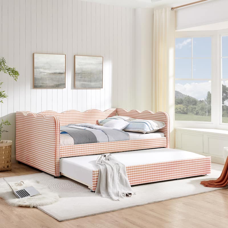 Full Size Gingham Daybed with Twin Trundle, USB Port, Wave Shaped Design & Linen Fabric - No Box Spring Needed