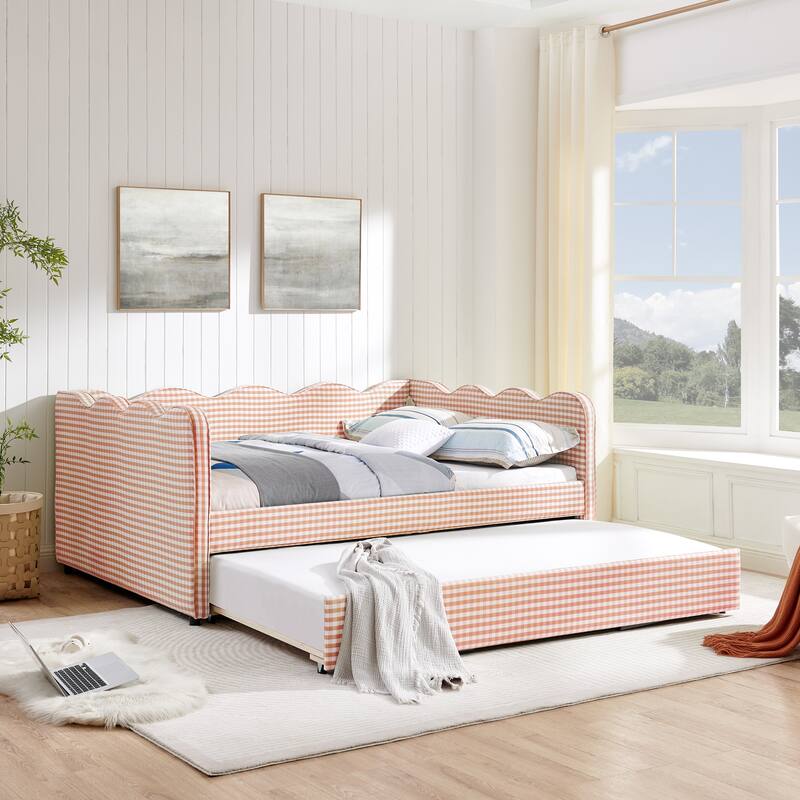 Upholstery Daybed Full Size Sofa Bed with Twin Size Trundle and Charging Ports, Linen Fabric Plaid Pattern and Wavy Silhouette
