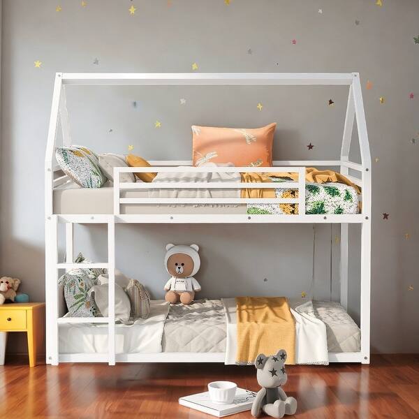slide 2 of 18, Twin over Twin House Shape Bunk Bed with Protective Fence, Metal Kids Bed Frame with Built-in Ladder, White White