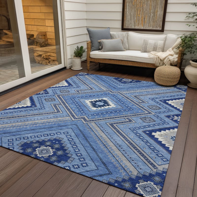 Machine Washable Indoor/ Outdoor Global Boho Chantille Rug - Blue - 9' x 12'