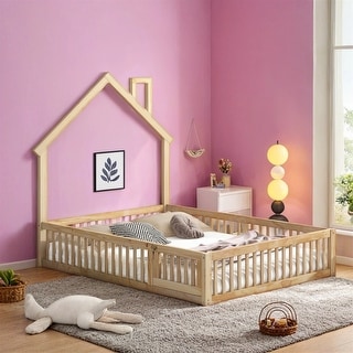 Wood Full Size House Platform Bed with Guardrail