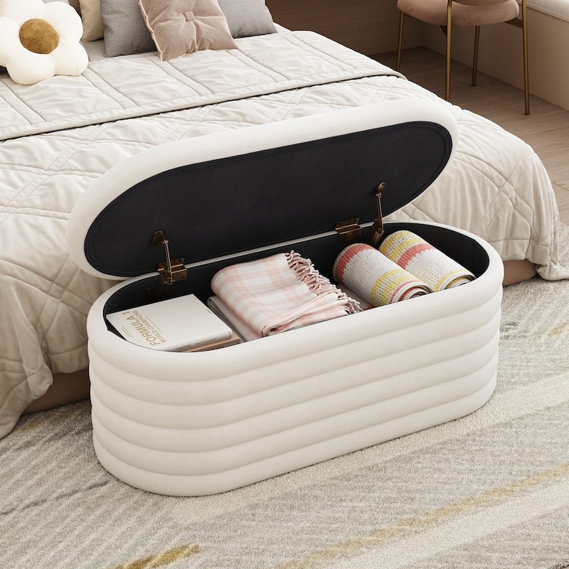 Ottoman Bench Upholstered Fabric Storage Bench End of Bed Stool with Safety Hinge for Bedroom, Living Room, Entryway