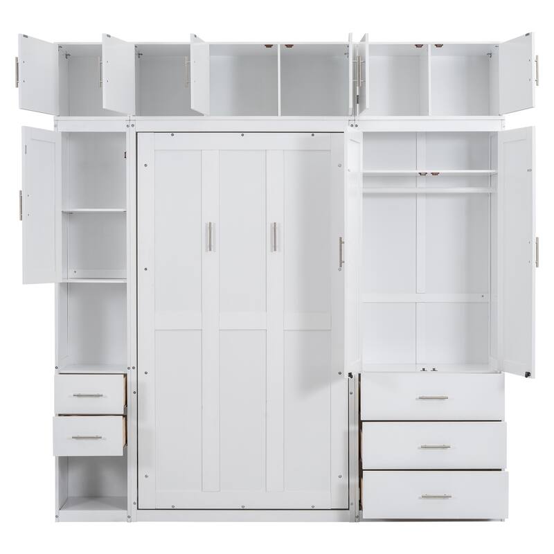 Space-Saving Twin Murphy Bed with Lockers and Wardrobes, White