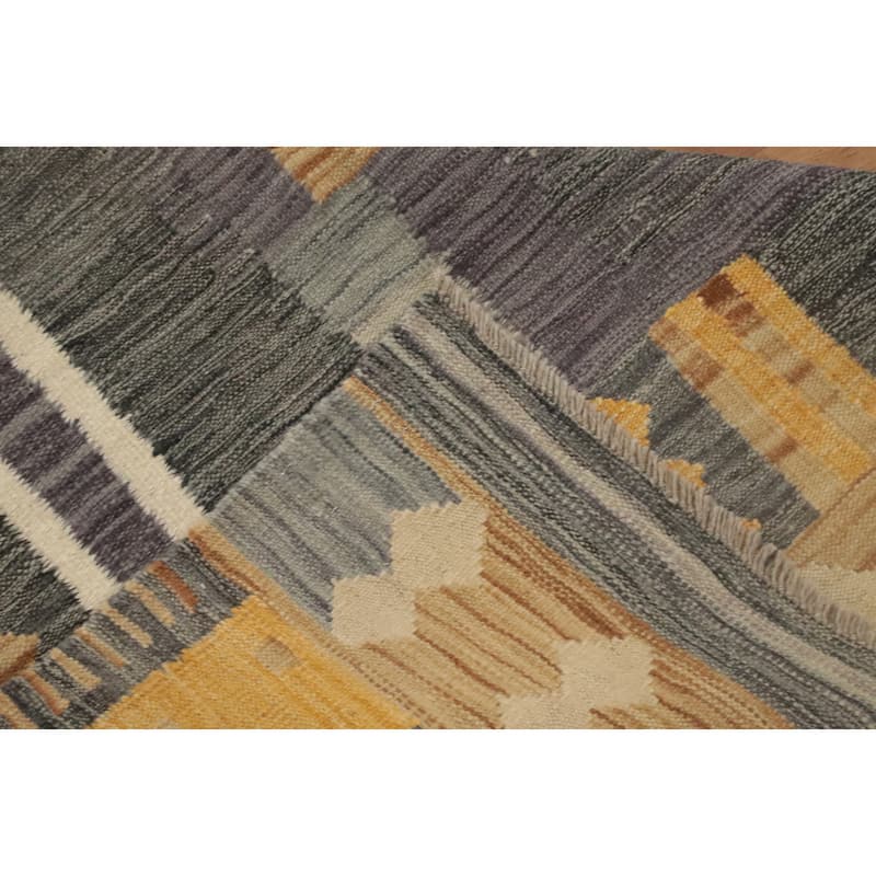 Hand Woven Oriental 100% Wool Carpet Southwestern Tribal Greys & Charcoal Kilim Area Rug - 9' 2'' X 5' 11''