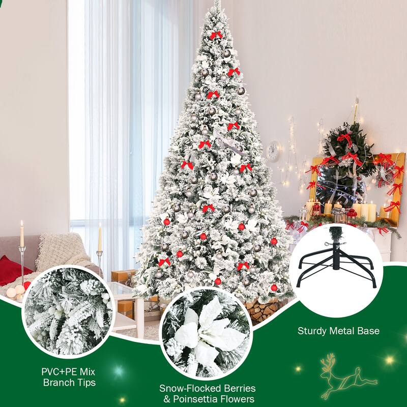 Costway 8ft Snow Flocked Hinged Christmas Tree w/ Berries & Poinsettia - See details