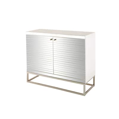 Glass 2 Door Cabinet with Linear Striped Panels and Gray Iron Base - Silver - Roche River Decor - 18"W x 47"L x 38"H