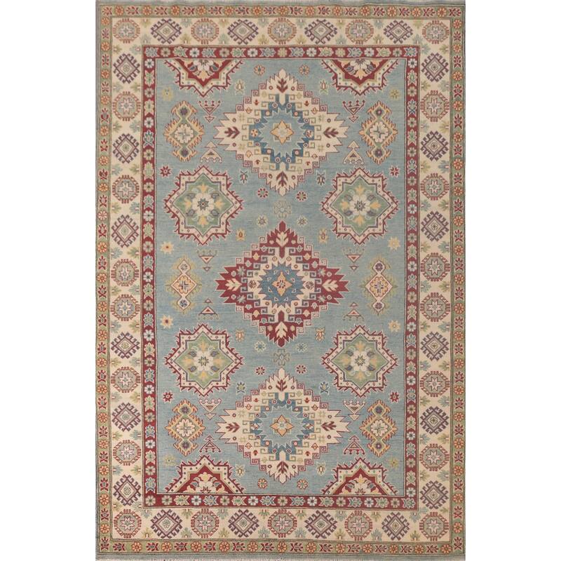 Light Blue Traditional Kazak Area Rug Hand-Knotted Wool Carpet - 6'10" x 10'0"