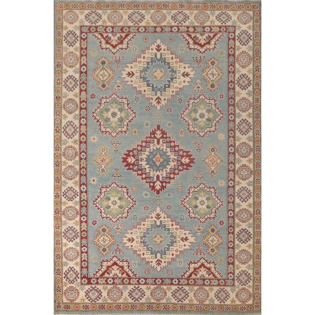Light Blue Traditional Kazak Area Rug Hand-Knotted Wool Carpet - 6'10" x 10'0"