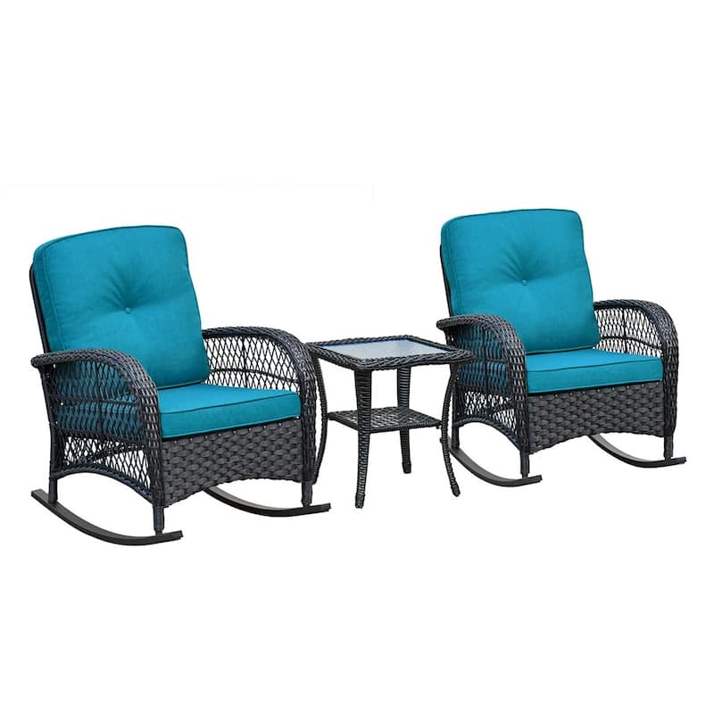 3Pcs Outdoor Patio Wicker Rocking Porch Chair with Waterproof Cushions