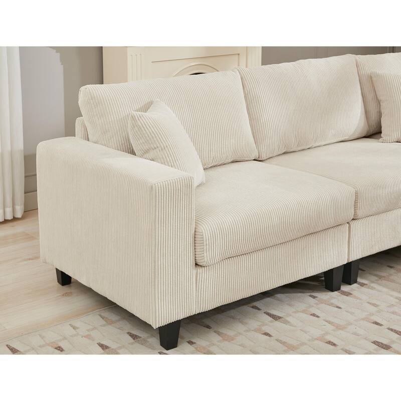 Oversized Modular Sectional Sofa Set, L Shaped, Corduroy Upholstered, 5 Seat, Beige