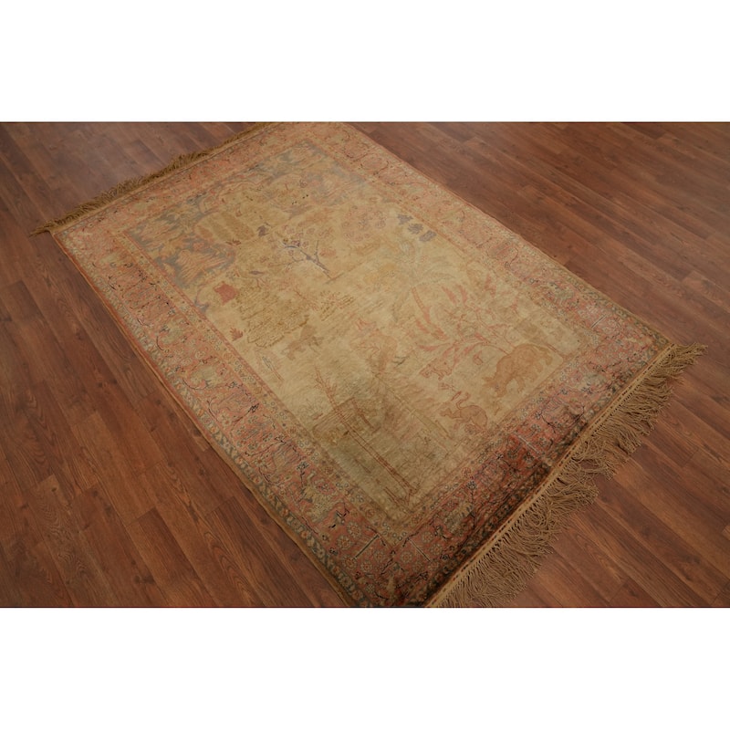 Hand Knotted Traditional Silk Yellow Animal Pictorial Area Rug - 5' 10'' X 4' 0''