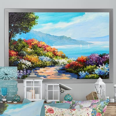 Designart "Colorful Flowers In Coastal Scenery" French Country Framed Wall Art