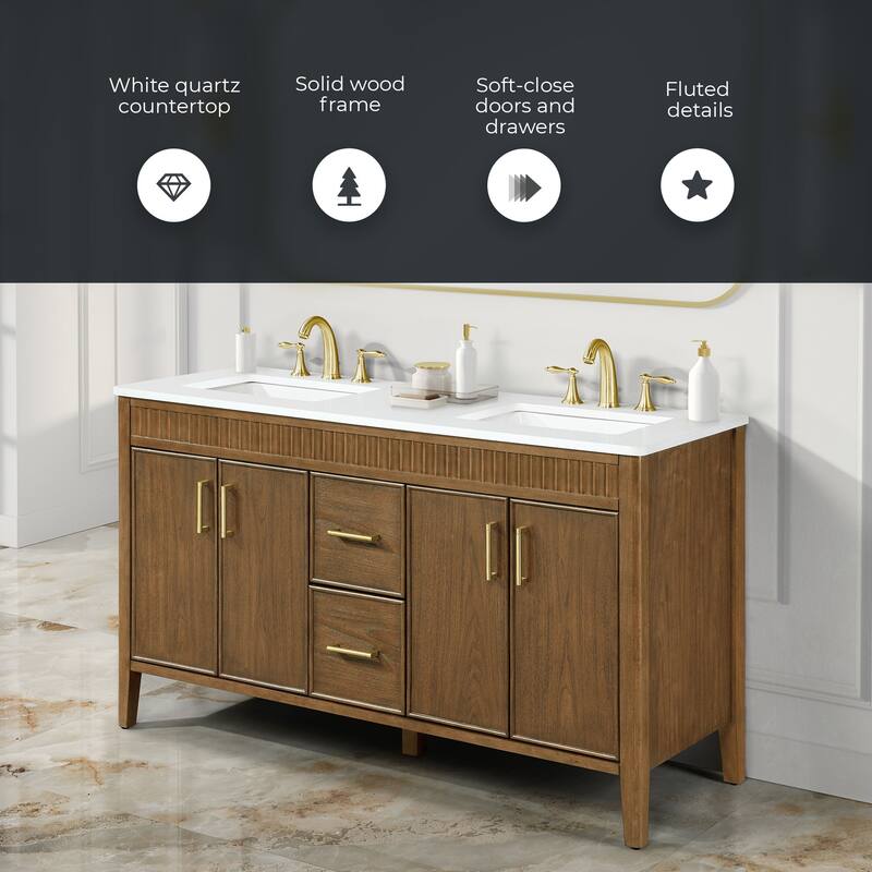 Juliette Warm Walnut Bathroom Vanity with White Quartz Top
