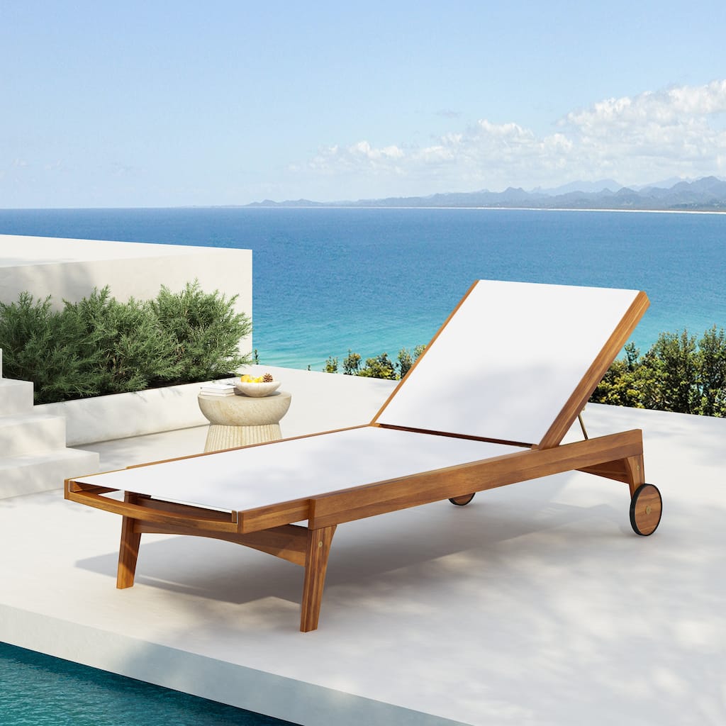 Roomfitters Outdoor Chaise Lounge with Adjustable Backrest, Acacia Wood Frame, Weather-Resistant Mesh