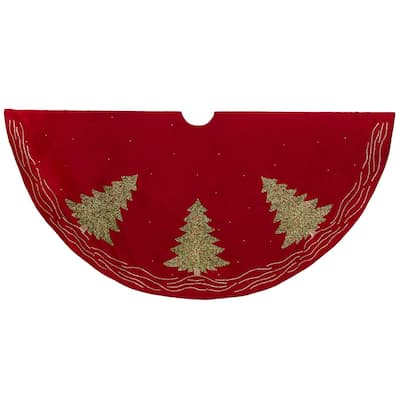 Kurt Adler 60-Inch Red Tree Skirt with Green Embroidered Tree Design - Multi