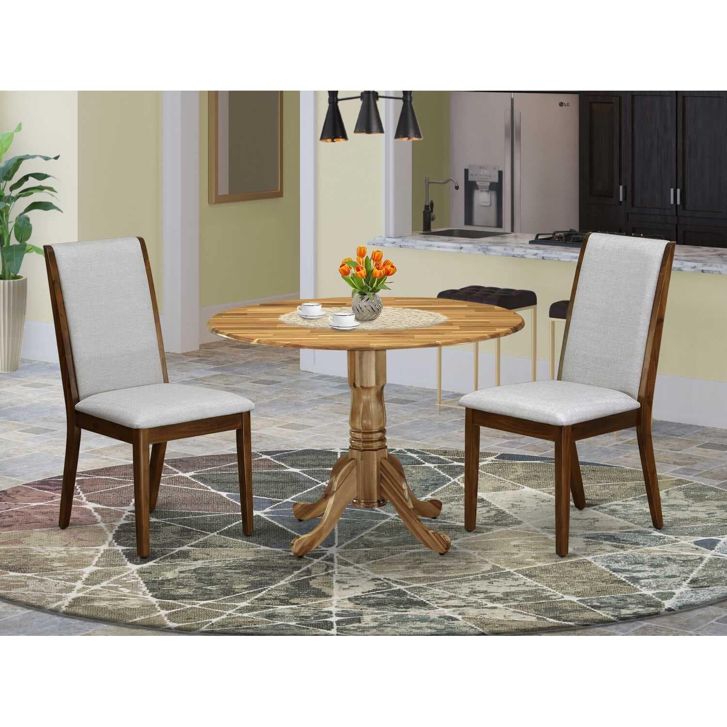 Round Dining Table Set 3pc - Kitchen Table & 2 Linen Fabric Chairs - Grey Modern Design