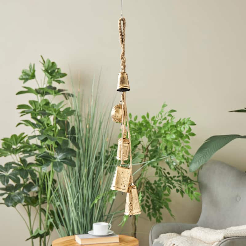 Gold Metal Tibetan Inspired Decorative Cow Bell with Jute Hanging Rope - Gold - 5 bells