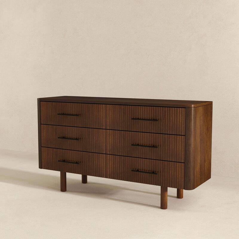 Dresser with 6 Drawer, Large Wooden Storage Cabinet, Curved Double Dresser with Metal Handle and Solid Wood Legs