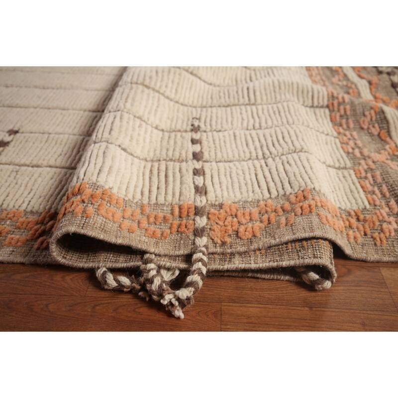 Striped Ivory Moroccan Palace Size Large Rug Hand-Knotted Wool Carpet - 14'2"x 21'6"