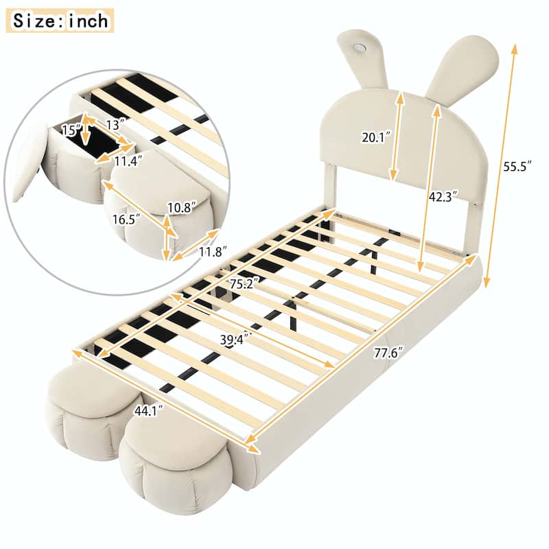 Upholstered Platform Bed with Cartoon Ears Shaped Headboard and Light