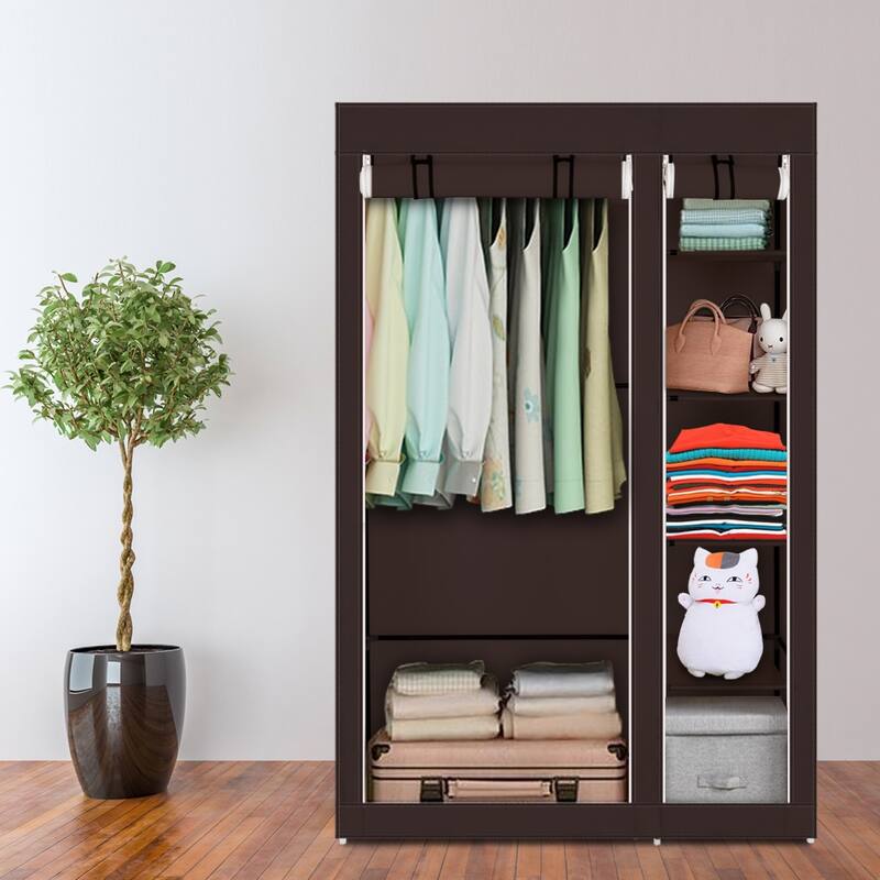 Portable Clothes Rack Closet with Cover and Hanging Rod - 110*45*175CM 6-Lattices - Brown