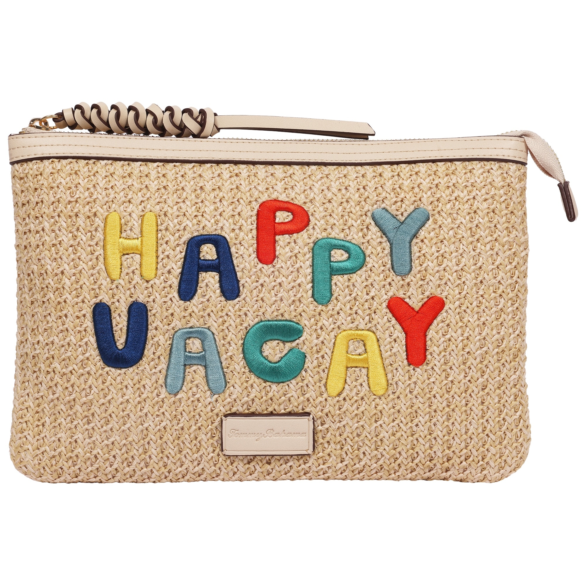 Tommy Bahama Happy Vacay Raffia Clutch - Woven Straw Zip Pouch with Embroidered Lettering