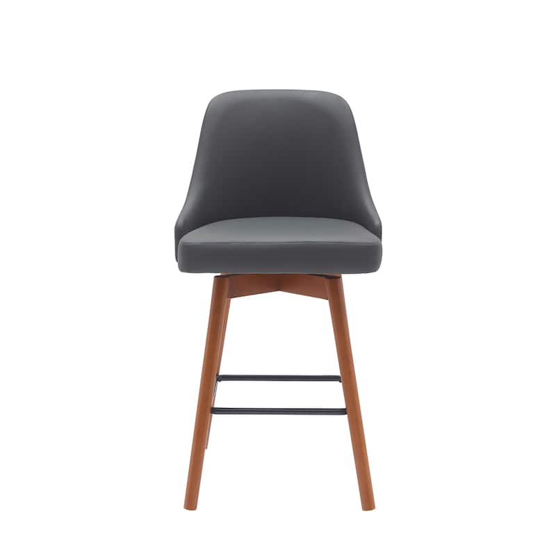 26" Gray and Wood Brown Faux Leather with Solid Wood Swivel Counter Height Bar Chair