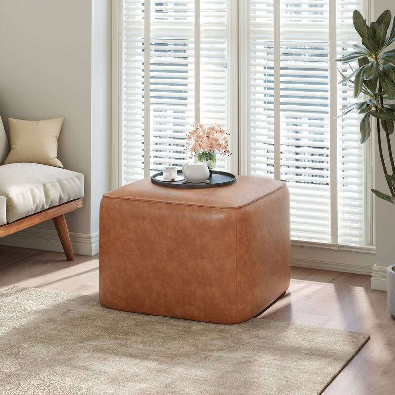 PU Leather Square Ottoman - Tan Upholstered Modern Home Piece