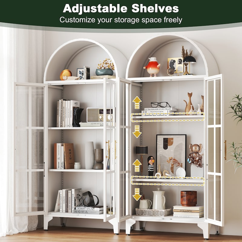 73.6-Inch Arched Metal Storage Display Cabinet with Glass Doors