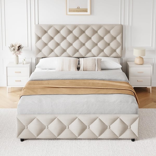 Modern Linen Upholstered Platform Bed Frame, Tufted Design Bed Frame with 4 Drawers and Headboard, Wooden Slat