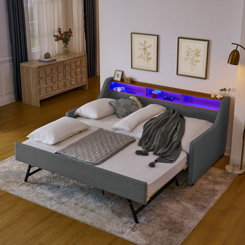 Linen Upholstered Bedframe Twin Daybed with Foldable Leg Pull Out Trundle, LED Lights, Storage Headboard and Wireless Charging - Grey - Twin