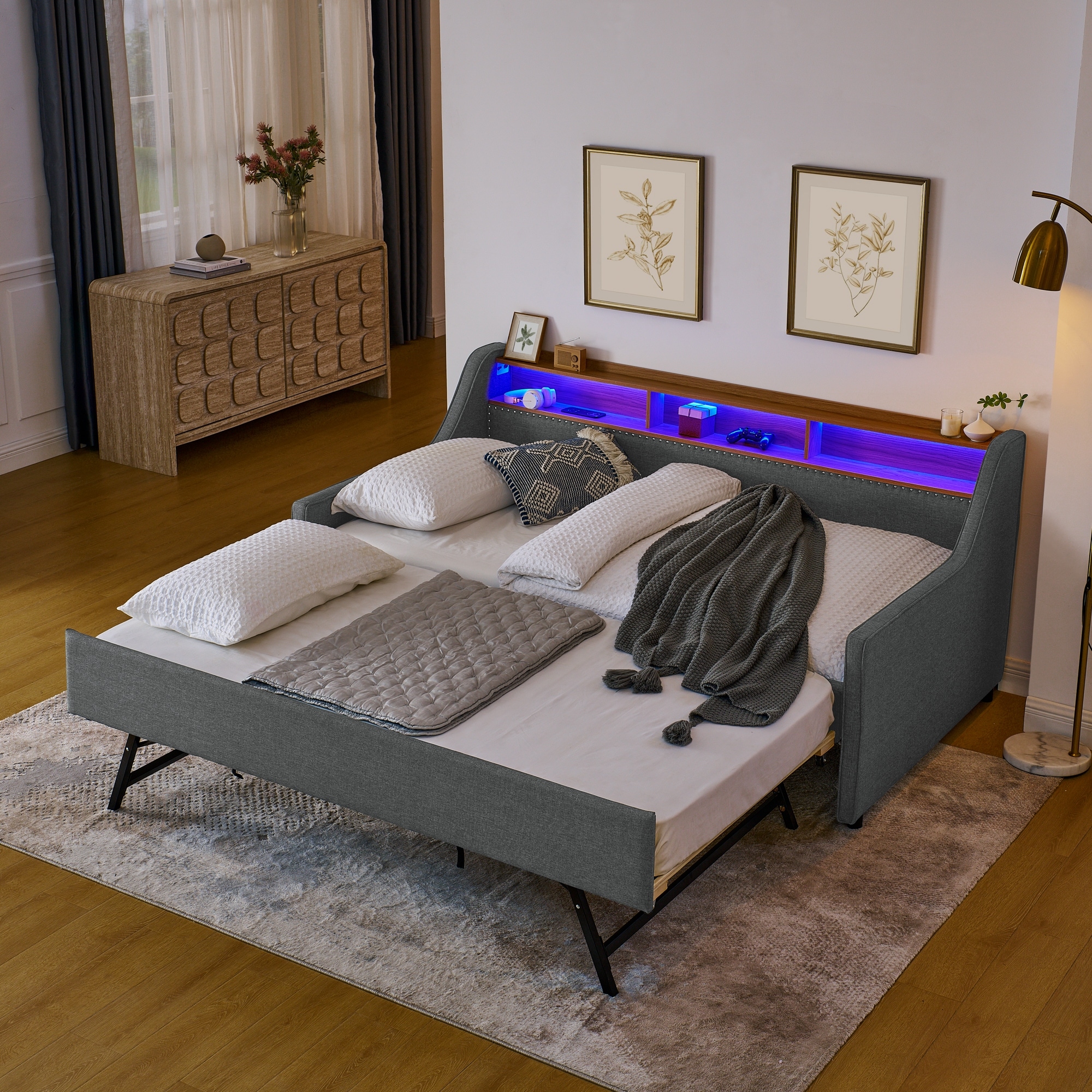 Linen Upholstery Sofa Bed with 3 LED Lights, Storage Adjustable Headboard, Wireless Charging and Trundle Bed or Drawer