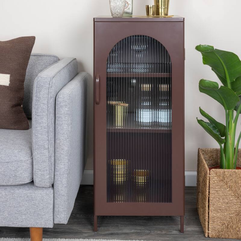 Solstice Metal Accent Cabinet with 2 Adjustable Storage Shelves and Arched Glass Door