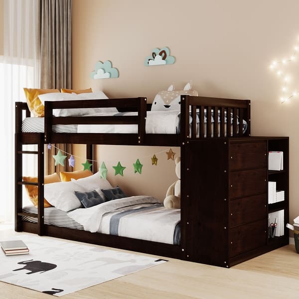 slide 2 of 9, Espresso Pine Wood Bunk Bed with 4 Drawers, 3 Shelves, and Built-in Ladder Twin over Twin - Espresso